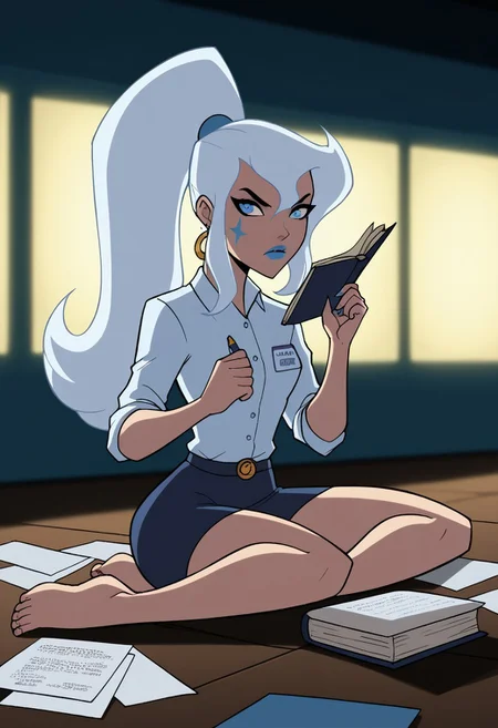 1girl, score_9, score_8_up, score_7_up, masterpiece, high quality, western cartoon, neon lighting, very detailed, depth of field, cinematic illumination, volumetric lighting, full color picture, vibrant colors, solo, alone,
DGirl, blue facial tattoo, white hair, long hair, ponytail, blue eyes, blue lips, makeup, office clothes, black short skirt, accountant, pencil in ear, gold ring, 
full body, sitting, serious, annoyed, hands up in air, paper on floor, long receipt, book,
