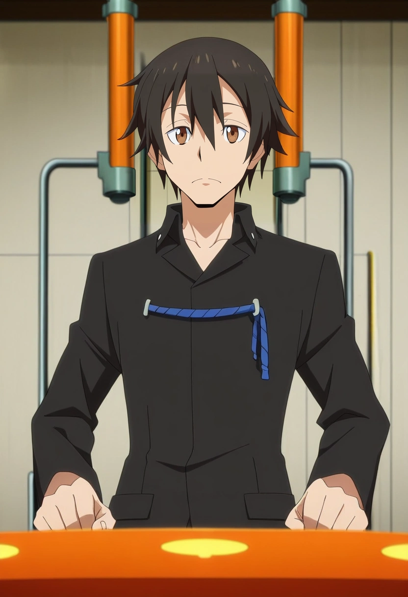 masterpiece, best quality, , anime screencap, anime coloring, official style,, 1boy, solo, male focus, <lora:yuuki_kagurazaka_ilxl:0.98>, yuuki_kagurazaka, black hair, brown eyes, short hair, hair between eyes, , steam factory, gear wheels, pipe networks, pressure gauges, working pose, concentrated expression, industrial lighting, suit,