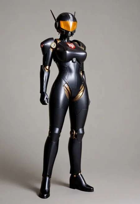A full length 35mm photo of a sleek futuristic scene, a female gundam robot in a form-fitting gloss black armored suit with gold accents, wearing leather boots, her stance exuding a sense of femininity and grace , standing in a military hangar, smooth featureless robot face
TheFaceLess, Polaroid Style, Polaroid photography, over exposed style, flash photography style, Kodak, fujifilm, bright light, white light, Roboticizer
