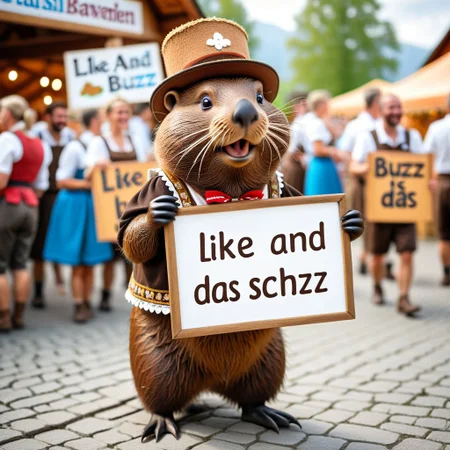 bavaria, festival, a friendly beaver in bavarian costume holding sign with text "like and buzz schon ist das", buzz