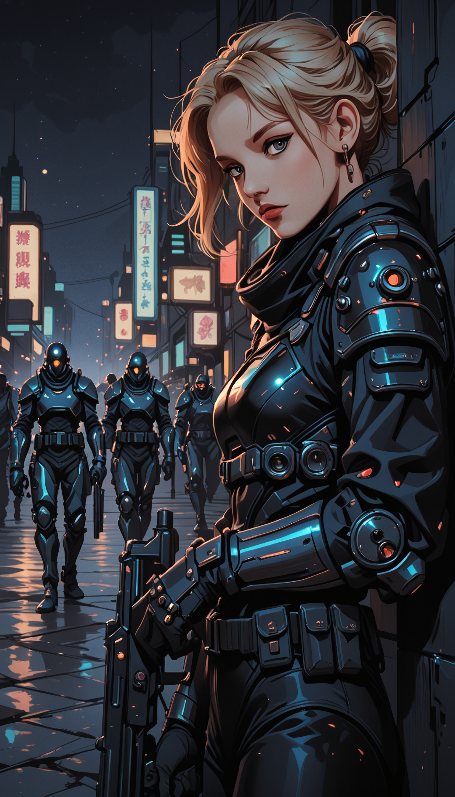 masterpiece, Shinkaistyle,
pinkretroanime, retro art,
Cyberpunk Style, cyberpunk, science fiction, hi tech, future tech, neon, (Cybernetics:1.25), (Neon Cityscape:1), (lineless:1.5), smooth edges, tall body, slender body, fit body, long legs, In the given image, we see a 3D-rendered female character in a cyberpunk setting. The character stands against a wall on the side of a neon-lit street, under a large billboard that features another figure. She is leaning casually against the wall with her arms crossed, embodying an air of nonchalance. Her attire consists of a tactical vest over a black bodysuit, accented by red details and glowing digital readouts. A utility belt holds several gadgets and tools, adding to her imposing presence. She has short, spiky hair that is dyed in a vibrant shade of pink, contrasting with her pale skin and matching the color scheme of her armor. Her eyes are hidden by a dark visor, which features a glowing red eye piece. A matching black helmet is worn over her visor, completing her cyberpunk aesthetic. She holds a small device in her hand, suggesting she might be communicating with someone or preparing for an operation. The background is filled with the hustle and bustle of a city at night. Numerous people can be seen walking by on the street below, their figures small against the urban landscape. The billboard towering behind the character displays a futuristic advertisement with a figure that appears to be made of digital elements. The image has a rich palette dominated by cool tones, with neon blues and purples illuminating the scene from the streetlights and building signs. Despite being inanimate form, the character exudes an action-ready stance, poised for whatever comes next. The overall atmosphere is one of gritty realism meets science fiction fantasy. (night:1.95), (dark sky:1.8), (dark background:1.7), star \(sky\),
, 1girl, solo, breasts, looking at viewer, short hair, bangs, blue eyes, blonde hair, gloves, 1boy, holding, jewelry, medium breasts, closed mouth, standing, jacket, upper body, ponytail, weapon, earrings, outdoors, multiple boys, sky, solo focus, black gloves, belt, looking back, water, holding weapon, armor, blurry, uniform, vest, from side, lips, gun, parted bangs, looking to the side, grey eyes, bodysuit, night, depth of field, blurry background, piercing, crossed arms, shoulder armor, gauntlets, building, holding gun, night sky, rifle, handgun, reflection, science fiction, rain, pauldrons, breastplate, city, realistic, nose, stud earrings, cityscape, shoulder pads, multiple others, police, street, police uniform, elbow pads, holding own arm, hand on own arm, shotgun, city lights, cyberpunk, bulletproof vest