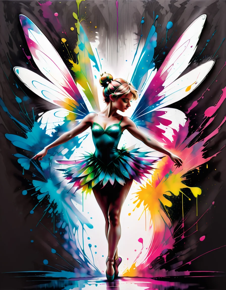 a beautiful silhouette of a fairy ballerina twirling with splashes of paint rain down, symmetrical wings, magical <lora:SDXLPaintSplash:0.8> Colorsplash