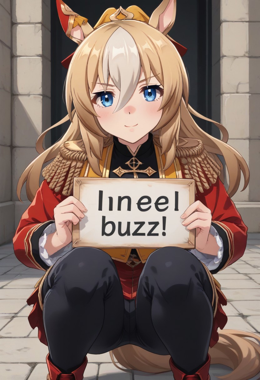 (umamusume, durandal_(umamusume), upper body,
, need_buzz, very smile, horse_girl, ear_ornament, long_sleeves,frills
, long_hair, long_sleeves, looking_at_viewer, 
squatting, , open eyes,  1girl, animal_ears, blonde_hair, blue_eyes, , holding sign)
, 
, some skuls on ground,
, , cropped_jacket, ear_covers, ear_ornament, epaulettes, frilled_bodysuit, frilled_sleeves, frills, hair_between_eyes, hand_on_own_hip, horse_ears, horse_girl, horse_tail, jacket, durandal (umamusume),  yellow_jacket, pants, epaulettes, cropped_jacket, red_jacket,multicolored_hair, 
, orange_jacket, plump, 
, single_ear_cover, solo, streaked_hair, tail, thick_thighs, thighs, two-tone_hair, 
, slimes_skullwm
, white_hair, white_streaks