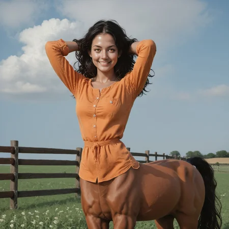 score_9, score_8_up, score_7_up, solo, valeria, black hair, amber eyes, perfect lighting, volumetric lighting, half smile, detailed face, ranch, field, pasture, grass, barn, fence, clouds, perfect hands, four fingers, four knuckles, facing viewer, centaur, brown horse body, orange shirt, short slevees, horse legs, on four legs, hands behind head, vibrant colors, close up shot,