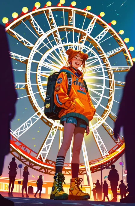 score_9, score_8_up, score_7_up, score_6_up ,(masterpiece, ultra detailed) (intricately detailed comicbook illustration),
cute girl, orange hair, double bun, golden streaks, ferris wheel, colorful oversize hoodie, badges, exited, by night, neon light, fairy lights, balloons, yellow backpack, chino, leather boots, public, exhibitionism, public crowded,
<lora:invincible_v2:0.5> invncbl <lora:JohnKafkaXLP:0.8> <lora:Concept Art DarkSide Style LoRA_Pony XL v6_366344:0.4> low light