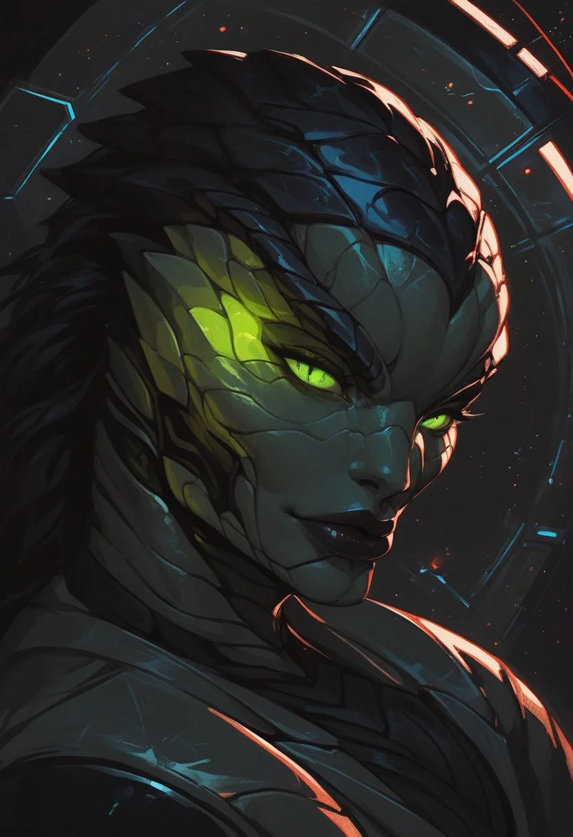 score_9, score_8_up, score_7_up, score_6_up, gundamwingcockpit, alien, lamia, snake, green skin, serpent, futuristic, scifi, gray latex , jumpsuit, huge breasts, solo, black hair, headgear, gloves, g0thicPXL, dutch angle, sly, displays, technology, glowing, neon, green eyes, spaceship, stars, portrait, (big lips:0.7), scaly skin, close up