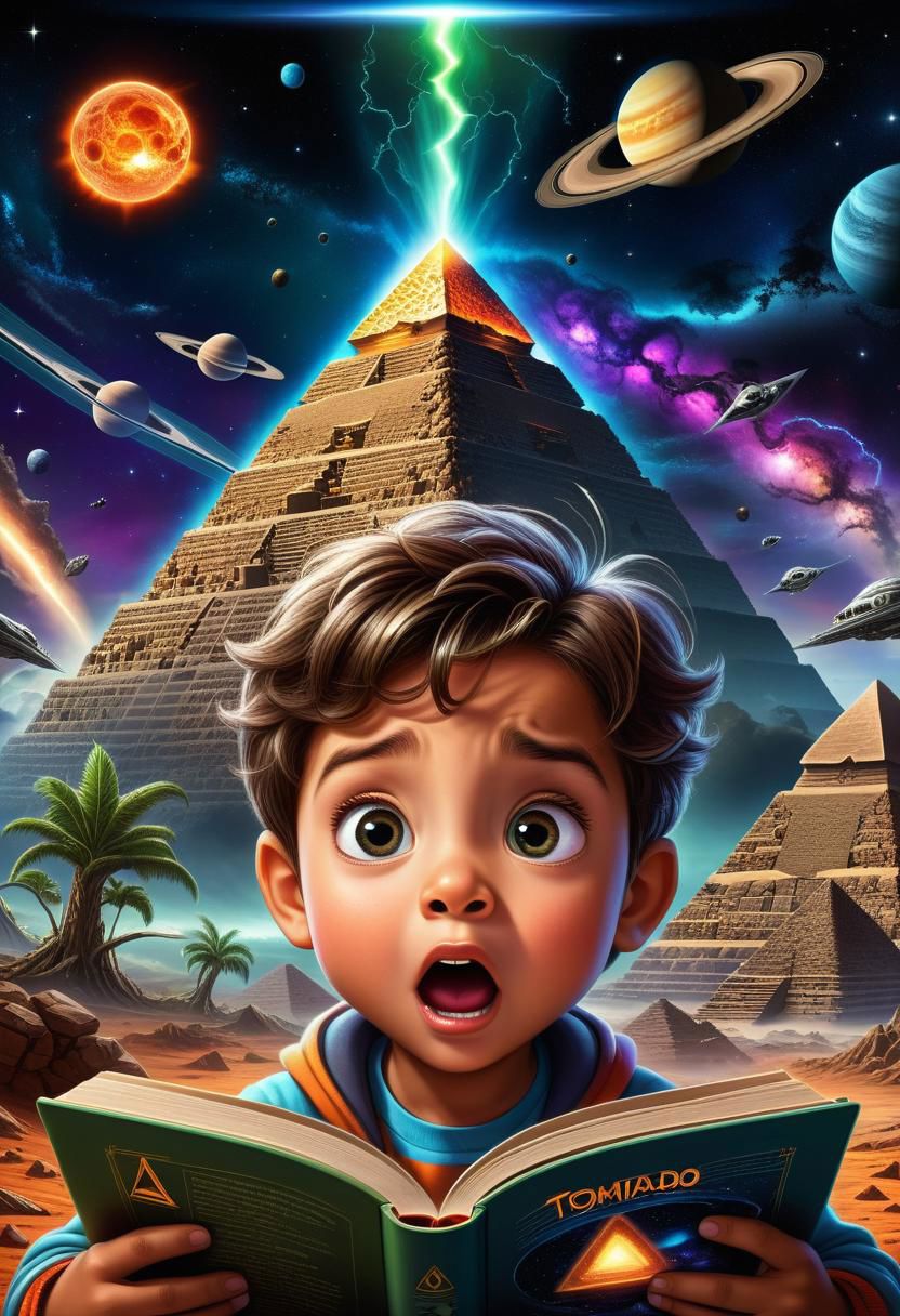 ultra detailed illustration close up science kid reading a book, surprised face in awe, cartoon style, dark background environment, surrounded by smaller images of a pyramid, alien, Saturn , rocket, E=MC2 , and tornado, dinosaur in far background, very colorful, bright
