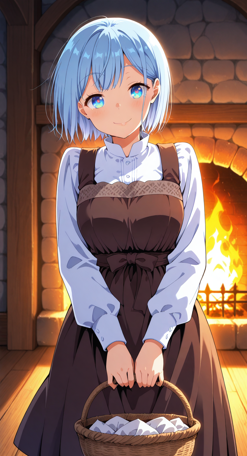 masterpiece, cute, lovely, (best quality:1.3), (amazing quality:1.3), high gradient eyes, very aesthetic, (1girl), (solo), flushed, (Aya_Style), close mouth, smile, Himari_Inuzuka, blue eyes, light blue hair, short hair, excited, BREAK, depth of field, detailed background, volumetric lighting, beautiful medieval housewife, curvy figure, wearing medieval housewife clothing, apron, rustic textures, detailed facial features, standing by a fireplace, cozy cabin interior, wooden beams, stone fireplace, glowing fire, soft lighting, dramatic shadows, high-quality shadows, glowing embers, warm tones, medieval atmosphere, intricate clothing details, earthy colors, relaxed pose, soft fabric textures, holding a basket, peaceful ambiance, vibrant colors, homely setting, rustic furniture, wooden table, glowing firelight, close-up view, highly detailed environment, soft lighting on face, gentle atmosphere, strong presence, warm ambiance, natural beauty, lively fire, rustic setting, high-quality background, medieval-era cabin, inviting pose, classic medieval vibes, soft wind blowing hair, cozy atmosphere, vibrant firelight, glowing lights, source_anime, cinematic lighting, detailed clothes, vivid colors, fine texture
