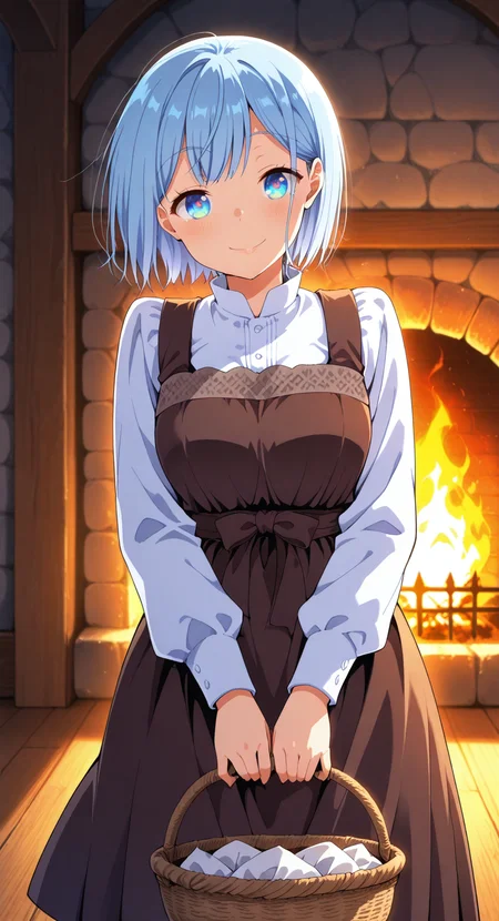 masterpiece, cute, lovely, (best quality:1.3), (amazing quality:1.3), high gradient eyes, very aesthetic, (1girl), (solo), flushed, (Aya_Style), close mouth, smile, Himari_Inuzuka, blue eyes, light blue hair, short hair, excited, BREAK, depth of field, detailed background, volumetric lighting, beautiful medieval housewife, curvy figure, wearing medieval housewife clothing, apron, rustic textures, detailed facial features, standing by a fireplace, cozy cabin interior, wooden beams, stone fireplace, glowing fire, soft lighting, dramatic shadows, high-quality shadows, glowing embers, warm tones, medieval atmosphere, intricate clothing details, earthy colors, relaxed pose, soft fabric textures, holding a basket, peaceful ambiance, vibrant colors, homely setting, rustic furniture, wooden table, glowing firelight, close-up view, highly detailed environment, soft lighting on face, gentle atmosphere, strong presence, warm ambiance, natural beauty, lively fire, rustic setting, high-quality background, medieval-era cabin, inviting pose, classic medieval vibes, soft wind blowing hair, cozy atmosphere, vibrant firelight, glowing lights, source_anime, cinematic lighting, detailed clothes, vivid colors, fine texture