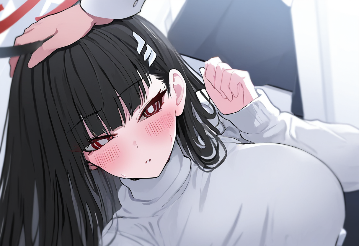 blue archive, rio \(blue archive\), 1girl, black hair, blush, breasts, hair ornament, hairclip, halo, headpat, large breasts, long hair, long sleeves, red eyes, solo focus, sweater, white sweater, masterpiece, best quality, good quality