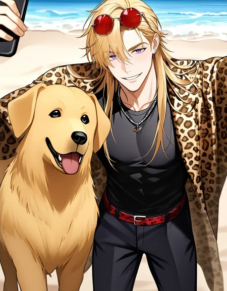 masterpiece, best quality, absurdres, 1boy, solo, BREAK male focus, purple eyes, (long hair, blonde hair, bangs), leopard print coat over shoulders, muscular, open black shirt, jewelry, earrings, (round eyewear, red sunglasses, eyewear on head), black pants, red belt, shoes, smile, parted lips, BREAK beach, dog, golden retriever, selfie, looking at viewer, ikemenboys, <lora:IkemenBoys_Illustrious:0.95>