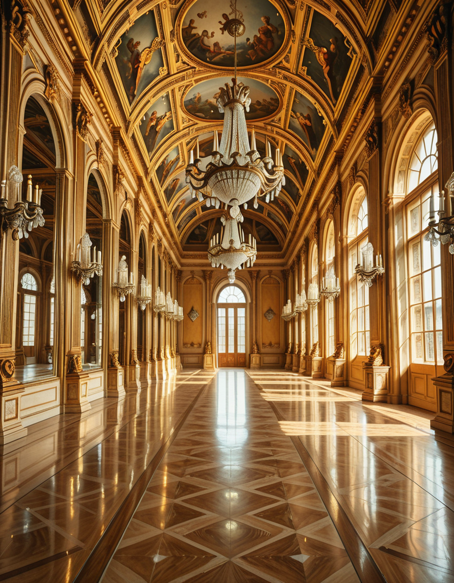 A breathtaking, photorealistic depiction of the Hall of Mirrors (Galerie des Glaces) at the Palace of Versailles in France, captured in golden afternoon light. The hall is grand and opulent, with a high arched ceiling painted with intricate Baroque frescoes. The walls are lined with tall arched mirrors on one side and large arched windows on the opposite side, flooding the space with natural light. Elegant crystal chandeliers hang from the ceiling, reflecting in the mirrors and sparkling with golden highlights. The marble floors are polished and gleaming, with rich, warm tones. Gilded statues and decorative elements frame the mirrors and doorways. The image style is ultra-detailed and photorealistic, with sharp textures and soft, warm lighting creating a majestic, timeless atmosphere. No people present, only the serene magnificence of the empty hall. Camera angle at eye level, centered down the hall, capturing the full length and symmetry of the space.
<lora:SDXLFaeTastic2400:0.4> <lora:extremely_detailed:0.4> extremely detailed,Hall of M1rr0rs, <lora:Hall_of_M1rr0rs-i:1>, Masterpiece,best quality,hi res,8k,hi res,8k,award winning,(sharp focus, intricate, highly detailed),