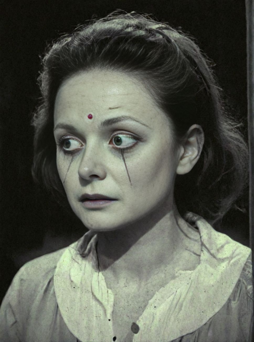 The moon sheds its skin -- <lora:127_novuschroma_a:1> Spooky Toons, <lora:kodachrome xl v1:1>  Woman looking worried  <lora:rebecca_ferguson_20:1>
