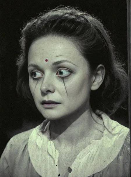 The moon sheds its skin -- <lora:127_novuschroma_a:1> Spooky Toons, <lora:kodachrome xl v1:1> Woman looking worried <lora:rebecca_ferguson_20:1>
