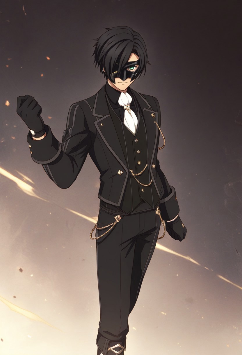 victor (tales), black hair, black mask, one eye covered, green eyes, black jacket, black vest, black shirt, white ascot, black pants, black boots, black gloves, solo, 1boy,