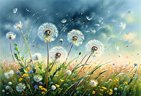 OIL ART, WATERCOLOR PAINTING IN SOFT COLOR TONES, LONG WIND SWEPT GRASS, WILD FLOWERS, GUSTY WIND. ULTRA REALISTIC BEAUTIFUL DANDELION PUFFS FLOATING IN THE WIND, PERFECT LIGHT FROM BACK, SIMPLE BACKGROUND. SOFT COLOR TONES, OIL PAINTING ON CANVAS WIDE ASPECT RATIO, ElementWind