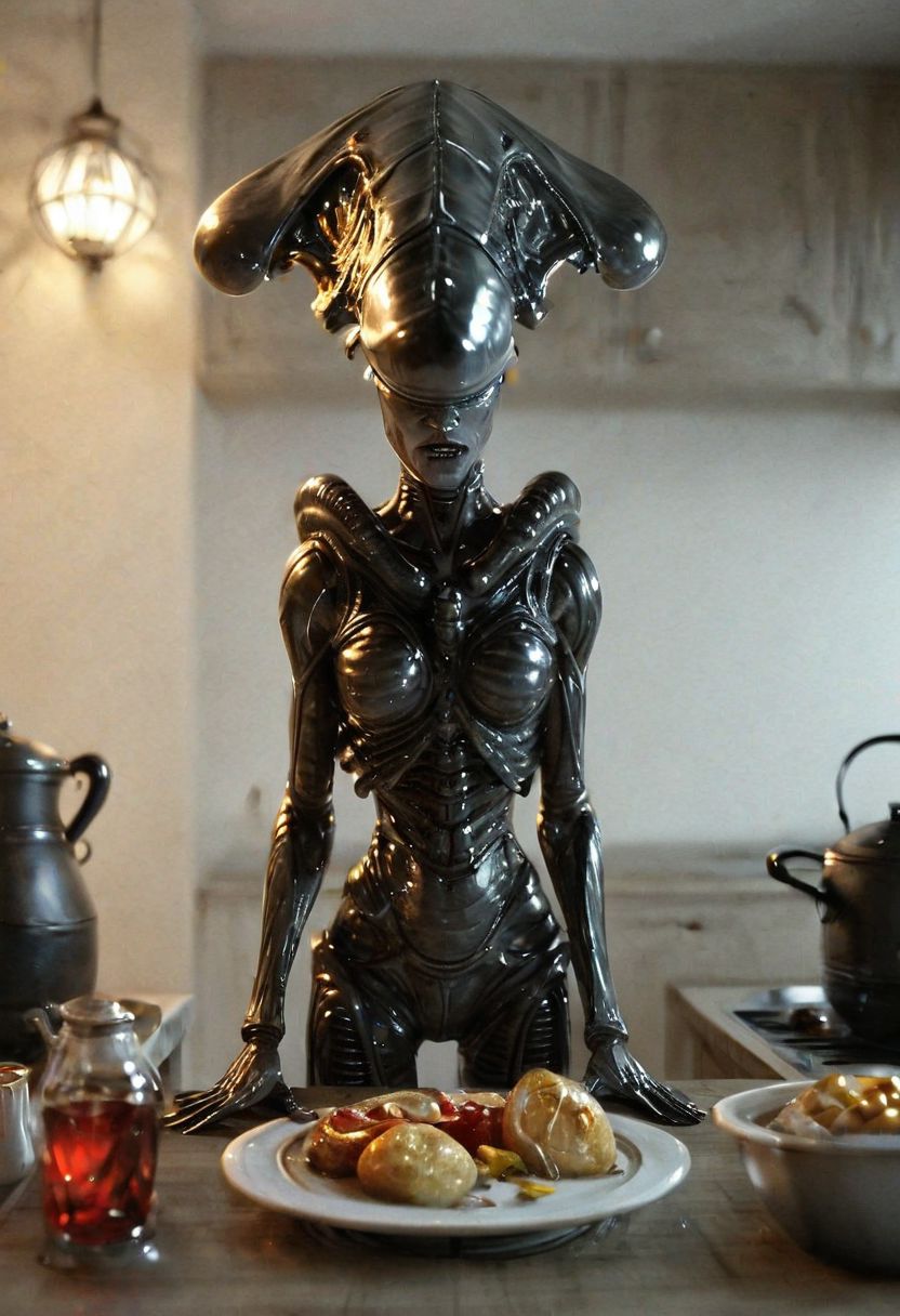 woman housewife with frying pan preparing big xenomorph eggs, xenoegg, satisfied, explains in the kitchen, High detail RAW color Photo, 8k, F2.8,