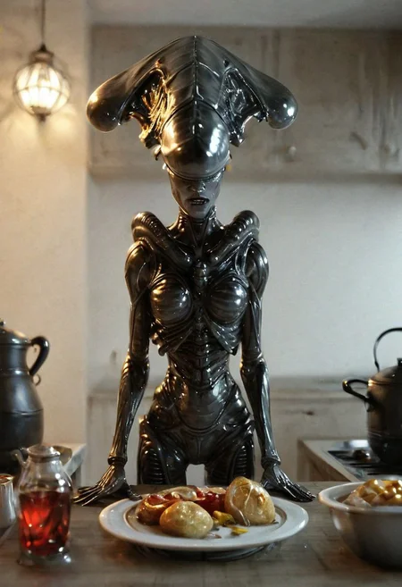 woman housewife with frying pan preparing big xenomorph eggs, xenoegg, satisfied, explains in the kitchen, High detail RAW color Photo, 8k, F2.8,