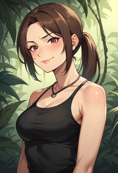 score_9, score_8_up, score_7_up, score_6_up, score_5_up, score_4_up, 1girl, <lora:LaraCroftTanktop:0.8> solo, medium breasts, brown hair, brown eyes, ponytail, lips, jewelry, necklace, black tank top, pants, bare shoulders, upper body, smirk, blush, looking at viewer,
jungle background,