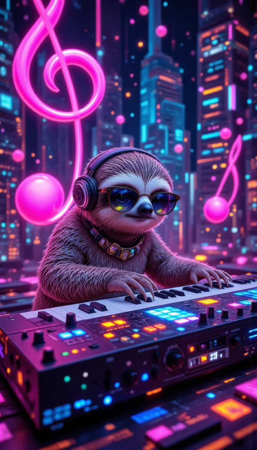 pinkfluxproultrafantasia,aidmaimageupgrader, aidmamjv7, A playful sloth DJ performing on a futuristic neon-lit keyboard, surrounded by floating holographic music notes. The sloth wears cool sunglasses, tapping the keys rhythmically as a digital city skyline glows in the background.