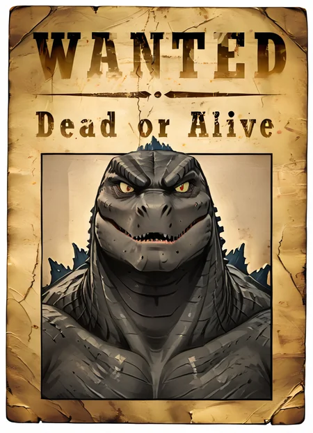 wantedposter of godzilla
<lora:Wanted-Poster:0.8>