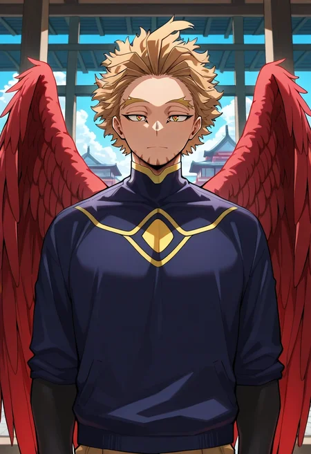 masterpiece, best quality, intricate details, , , 1boy, solo, male focus, <lora:keigo_takami_ilxl:0.96>, keigo_takami, hawks \(boku no hero academia\), blonde hair, yellow eyes, short hair, facial hair, stubble, wings, feathered wings, red wings, rule of thirds, town, japanese architecture, indoors, arms at sides, heart eyes,
