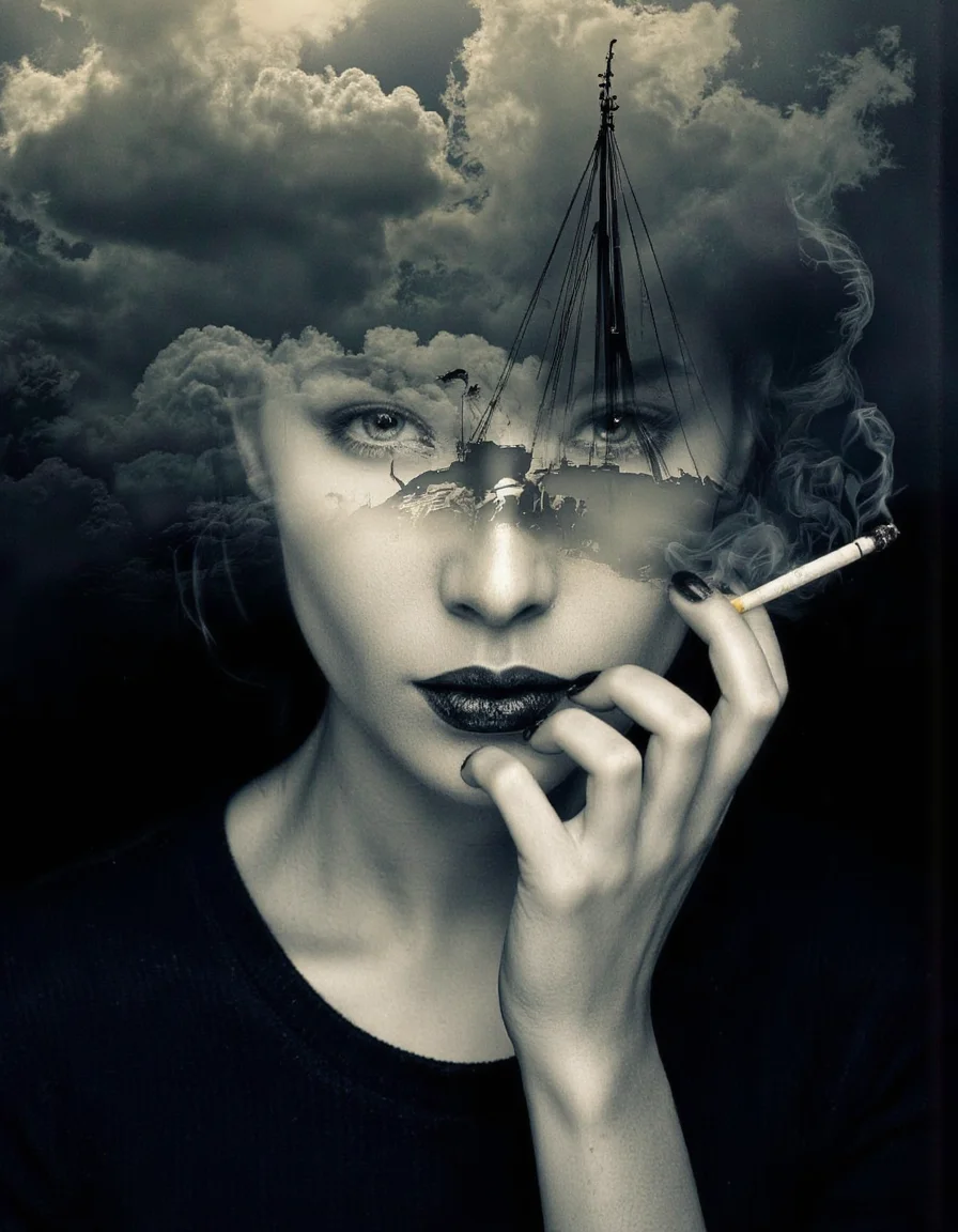 Art by Juan Brufal. A surreal digital illustration shoot from a close-up camera angle about a woman's face obscured by smoke with a ship in the background. the image is in black and white, with a dark, moody atmosphere. on the middle of the image, a woman, who appears to be in her late twenties, is facing the viewer, with her eyes looking directly at the viewer. her hair is styled in a way that frames her face, and her lips are slightly parted, revealing sharp, dark lipstick. she is holding a cigarette in her right hand, with smoke coming out of it, creating a dramatic effect. the woman is wearing black nail polish on her fingernails. the background is a cloudy sky, adding to the sense of depth and dimensionality in the image.