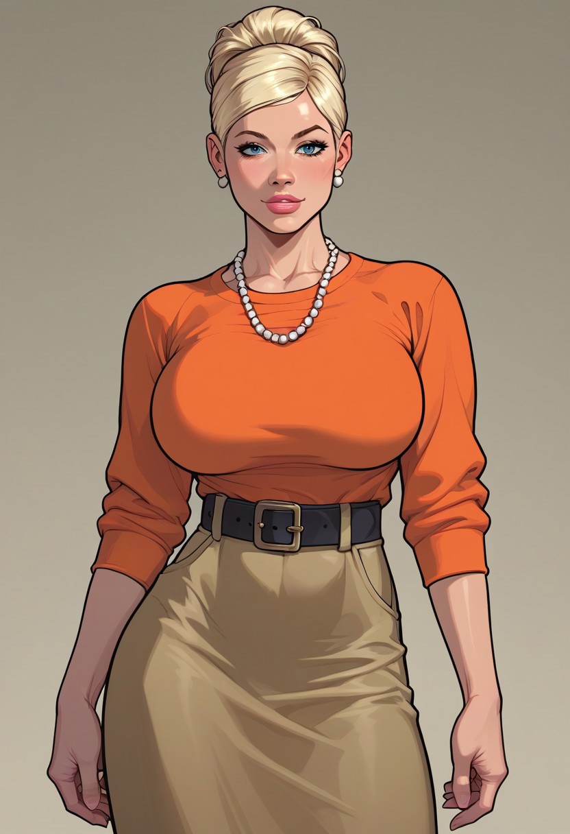 score_9, score_8_up, score_7_up, score_6_up, source_anime, 1girl, solo, pampoa, blonde hair, Beautiful Woman, ultra high quality, sexy, seductive, huge breasts, athletic body, skinny waist, 8k, high resolution, cowboy shot, bubble butt, orange sweater, pearl necklace, belt, skirt