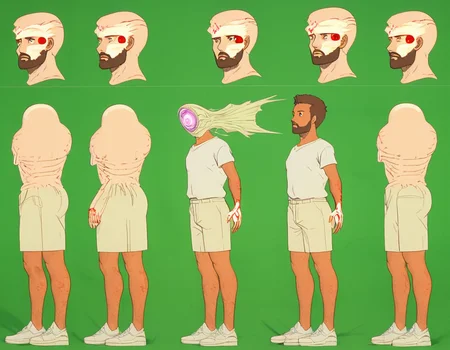 <lora:grumikeXL:1> <lora:tydmsxl:1> grumike style, gruesome anime art style, retro art style, male focus, tydms solo, 1man, low BEARD, BROWN HAIR, LOW SHAVED BEARD, 5 OCLOCK SHADOW, wearing white shirt, tan pants, white shoes, brown eyes, ON A FLAT GREEN BACKGROUND, WEARING A side, teleporting through an urban jungle, jumping over obstacles, agile and fast-paced, gritty city background, blood splatter, severed limb, teleportation effects<lora:Model_Sheet_Xl:0.3> character sheet, model sheet, turnaround, multiple views of the same character, character sheet, model sheet, turnaround, multiple views of the same character , multiple views of the same character,, head shots,, beard, (face blast:1) inter dimensional powers, portals opening up from hands, glowing hands, wark palsma shied around him