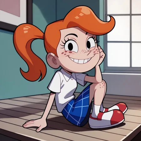 score_9, score_8_up, score_7_up BREAK MindyGrim, 1girl, orange hair, ponytail, black eyes, freckles, short-sleeve white polo shirt, blue plaid skirt, pink mary jane shoes, smiling at viewer,