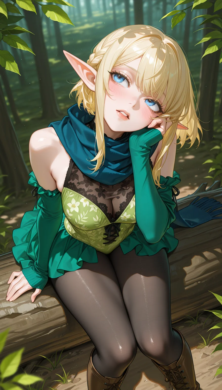 masterpiece, best quality, amazing quality, 4k, very aesthetic, high resolution, ultra-detailed, absurdres, newest, scenery, 1girl, solo, elf girl, long pointy elf ears, pixie, sitting on log, knees together feet apart, medium breasts, narrow waist, large ass, thick thighs, (cross-laced:1.2) pixie green frill lace leotard skirt, leaf print puffy wide detached green sleeves past wrists, shoulders, floral print blue scarf, skindentation see-through black pantyhose, brown lace-up knee boots, forest, blue eyes, from above, looking up, leaning forward, arched back, (head tilt:1.2), upturned eyes, parted lips, wondering, ground, blonde hair, blush, medium bob, long sidelocks, braid, (dappled sunlight:1.2), rim light, hand on own face, hand on own thigh, boots,leaf, dutch angle, portrait, face focus, head focus, close-up, fine fabric emphasis, BREAK, ears, lips, detailed eyes, depth of field, volumetric lighting