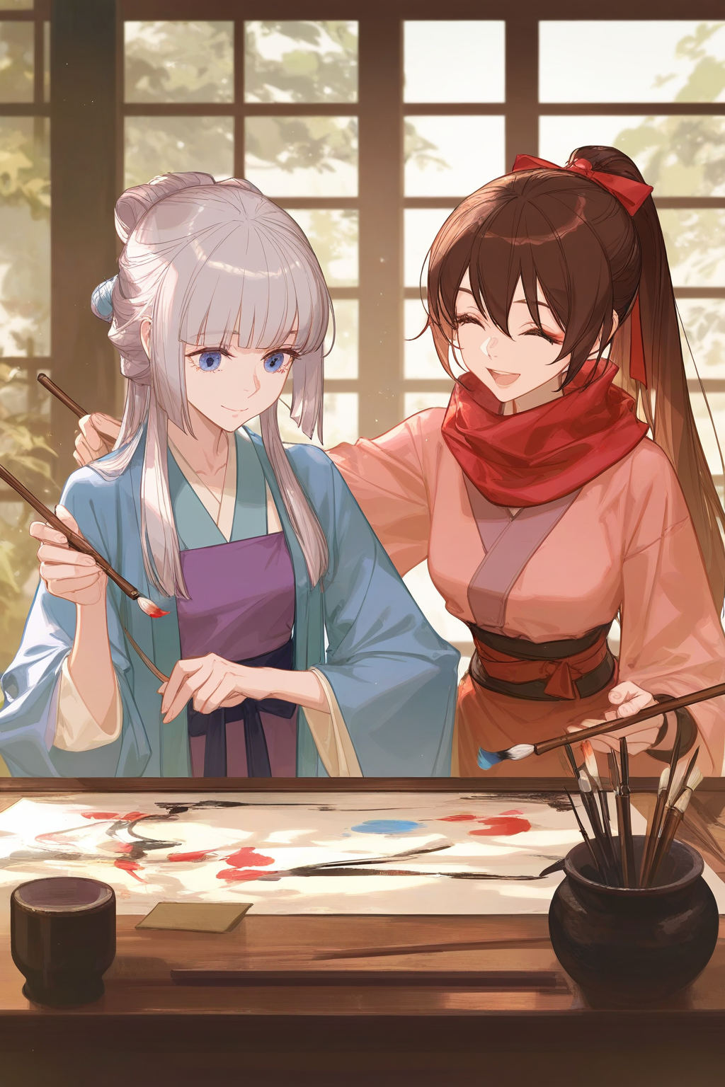 artist:ask_(askzy),artist:yolanda,[artist:WANKE],artist:ciloranko,multicolored,<lora:fenglingyuxiu-000018:0.6>, -fenglingyuxiu, 2girls, brown hair, smile, paintbrush, closed eyes, long hair, blue eyes, holding, grey hair, scarf, holding paintbrush, ponytail, japanese clothes, open mouth, holding brush, indoors, closed mouth, hair bun