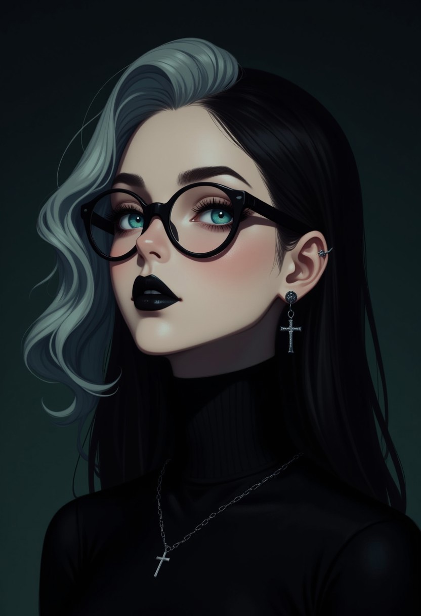 a cute woman, wearing skin tight black turtle neck, round glasses, blue eyes, black hair, white hair, multicolored hair, goth makeup, black lips, cross earrings, cross necklace, soft lighting, dark background, high-resolution, (hi-top fade), (dark theme:0.9), soothing tones, muted colors, high contrast, (natural skin texture, hyperrealism, soft light, sharp)