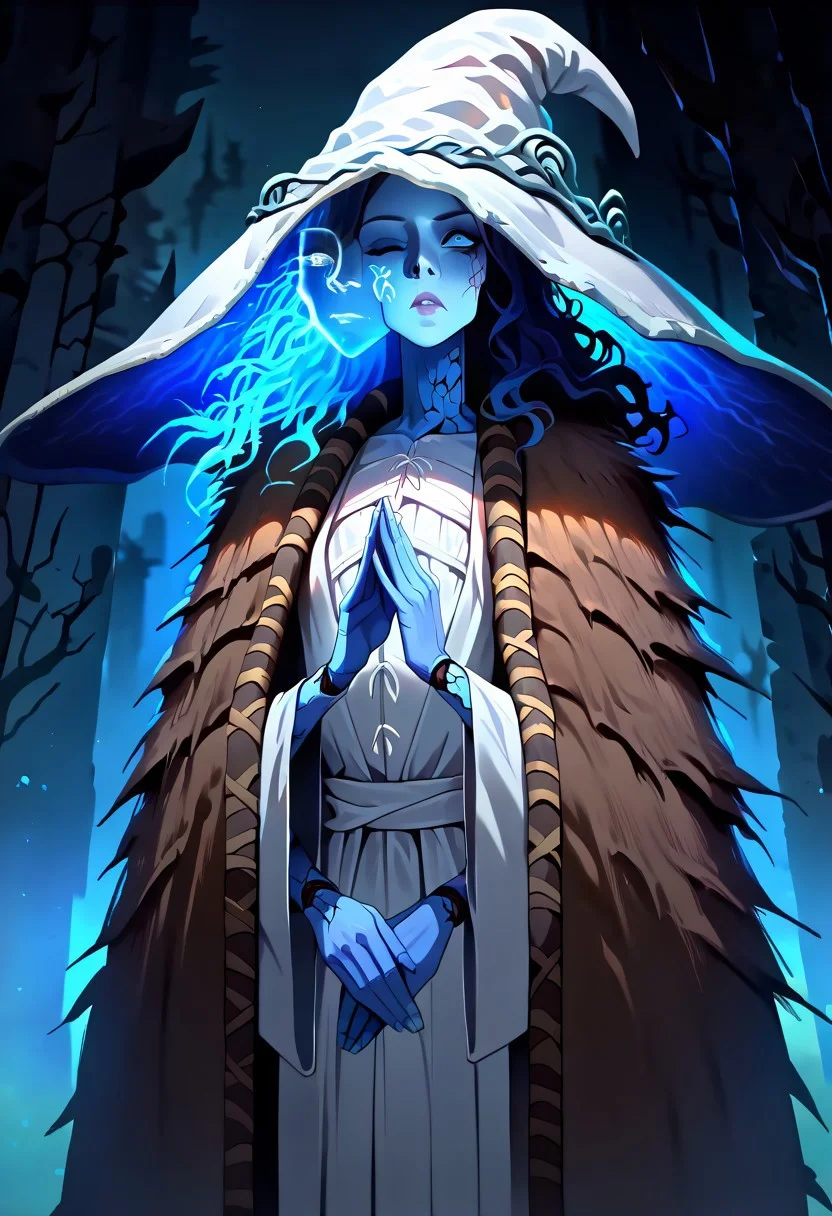 masterpiece, best quality, newest, absurdres, highres, Warbringersstyle-V1.0, 1girl, RnnDef, blue eyes, one eye closed, blue hair, wavy hair, (4 arms:1.2), extra faces, ghost face, blue skin, colored skin, cracked skin, doll joints, witch hat, large hat, white headwear, white dress, long sleeves, fur cloak, brown cloak