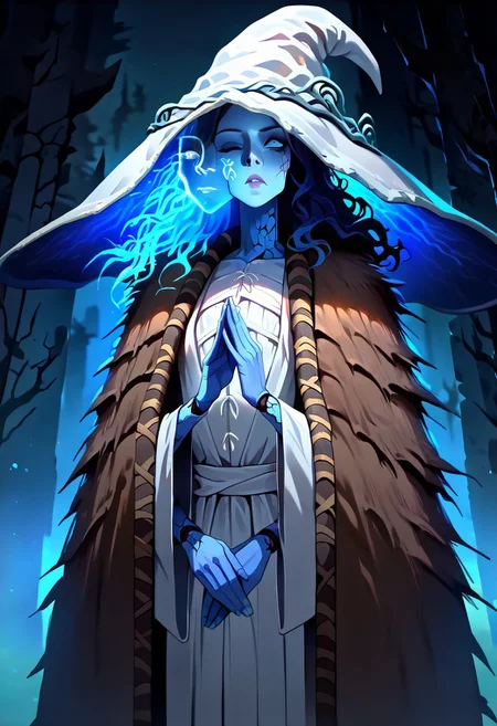 masterpiece, best quality, newest, absurdres, highres, Warbringersstyle-V1.0, 1girl, RnnDef, blue eyes, one eye closed, blue hair, wavy hair, (4 arms:1.2), extra faces, ghost face, blue skin, colored skin, cracked skin, doll joints, witch hat, large hat, white headwear, white dress, long sleeves, fur cloak, brown cloak