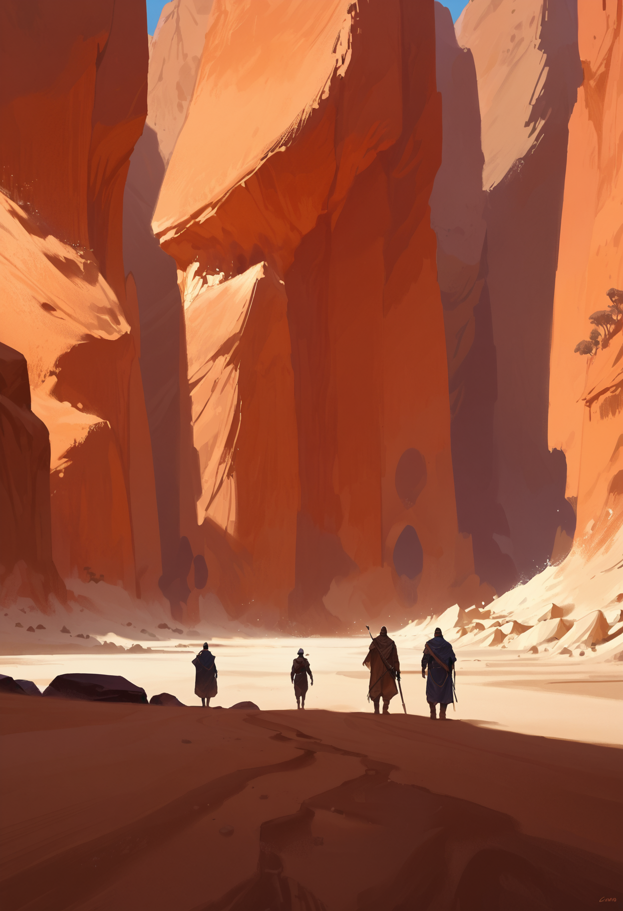 score_9, score_8_up, score_7_up, score_6_up, score_5_up, score_4_up,
 <lora:ScenicHorizonsV3.1:1> sc3n1ch0r1s0ns,
1boy, standing, weapon, multiple boys, sky, day, artist name, signature, from behind, water, cape, blue sky, shadow, sunlight, 1other, scenery, walking, rock, mountain, sand, silhouette, fantasy, multiple others, ambiguous gender, landscape, orange theme, people, desert, cliff, 3others, very wide shot