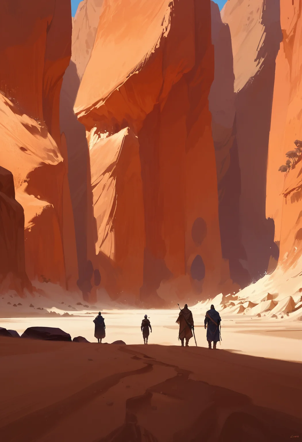 score_9, score_8_up, score_7_up, score_6_up, score_5_up, score_4_up,
<lora:ScenicHorizonsV3.1:1> sc3n1ch0r1s0ns,
1boy, standing, weapon, multiple boys, sky, day, artist name, signature, from behind, water, cape, blue sky, shadow, sunlight, 1other, scenery, walking, rock, mountain, sand, silhouette, fantasy, multiple others, ambiguous gender, landscape, orange theme, people, desert, cliff, 3others, very wide shot