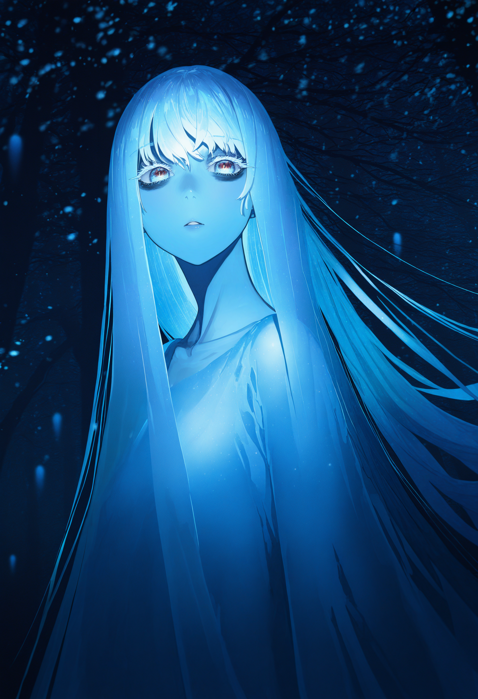 bioluminescence, by [ekrea jan|diyokama|say hana|lam], 1girl, collarbone, looking at viewer, long eyelashes, colored eyelashes,
crystal, fantasy, yuki onna, blue skin, glowing skin, forest, glowing, nature, outdoors, scenery, tree, night, night sky, snow, 
from side, long hair, floating hair, see-through clothes, see-through body, ghost, parted lips, bags under eyes, depressed, dark, mascara, spot color, high contrast,
masterpiece, best quality, very aesthetic, very awa, absurdres
<lora:noobai_epred_11_bioluminescence_v15:1>
<lora:illustrious_noobai_epsilon_pred_11_artists_v1:1>