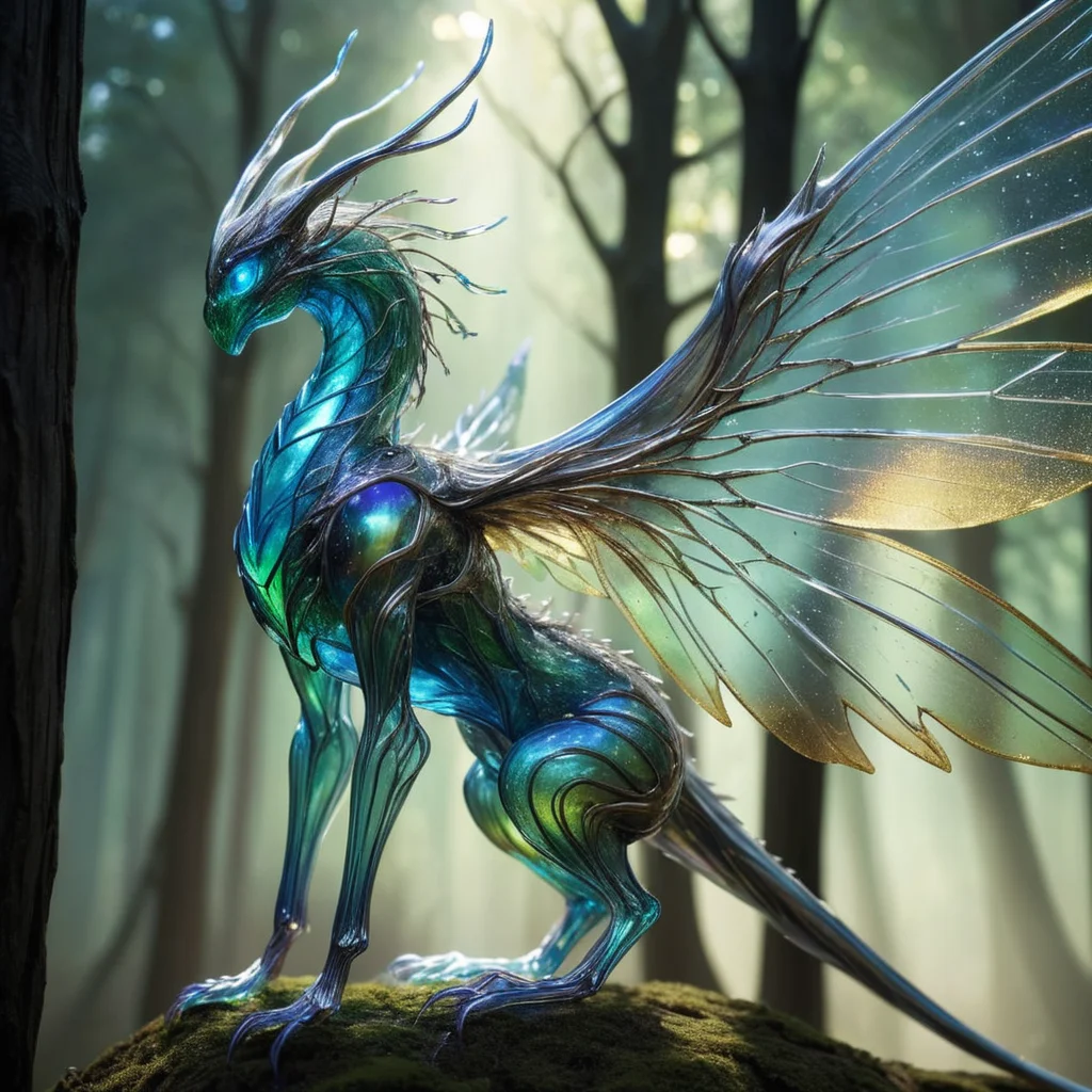 a gigantic creature, crafted from a blend of iridescent glass and tree. Its body is sleek and smooth, shimmering in the light as if made of liquid silver. limbs are slender and graceful ending in pointed tips, fragile,ethereal appearance,strength and resilience, carved from the very essence of the earth itself. eyes are large and expressive, glowing with a soft blue light ,From its back sprouts a pair of translucent wings, their edges glinting with tiny flecks of gold and green. nature, sky, jagged, chiseled,