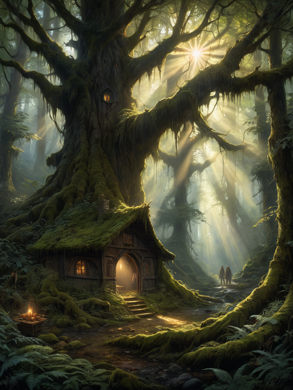 Horror-themed, Oil painting, A secret place in the heart of a dense forest, surrounded by moss-covered trees and lush greenery. A ray of sunlight breaks through the canopy and illuminates a small clearing where a group of travellers are resting, surrounded by an aura of mystery, masterpiece, high detail, 8k, intricate, detailed, high resolution, high res, high quality, <lora:add-detail-xl:1.8>,. Eerie, unsettling, dark, spooky, suspenseful, grim, highly detailed, darkness, midnight, Extremely high-resolution details, fine texture
