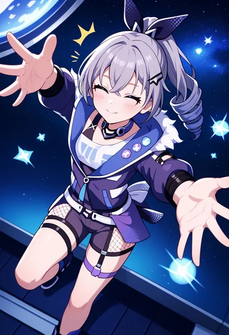score_9, score_8_up, score_7_up, masterpiece, best quality, absurdres, vibrant, highly detailed, super cute and adorable, fluffy, from above, three-quarter front view, 
BREAK 
1girl, solo, silver wolf \(honkai: star rail\), drill hair, grey eyes, grey hair, light blush, long hair, reaching towards viewer, happy, closed eyes, ^^, ^^^, closed mouth, :3,
BREAK 
indoors, space base, outer space,
