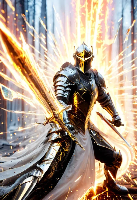 1man, armored golden knight, Incoming sword, broken glass, reflection, glowing fire slash, shatter, holding sword, glowing sword, motion blur, emphasis line, outdoor in the darkness, looking at viewer,