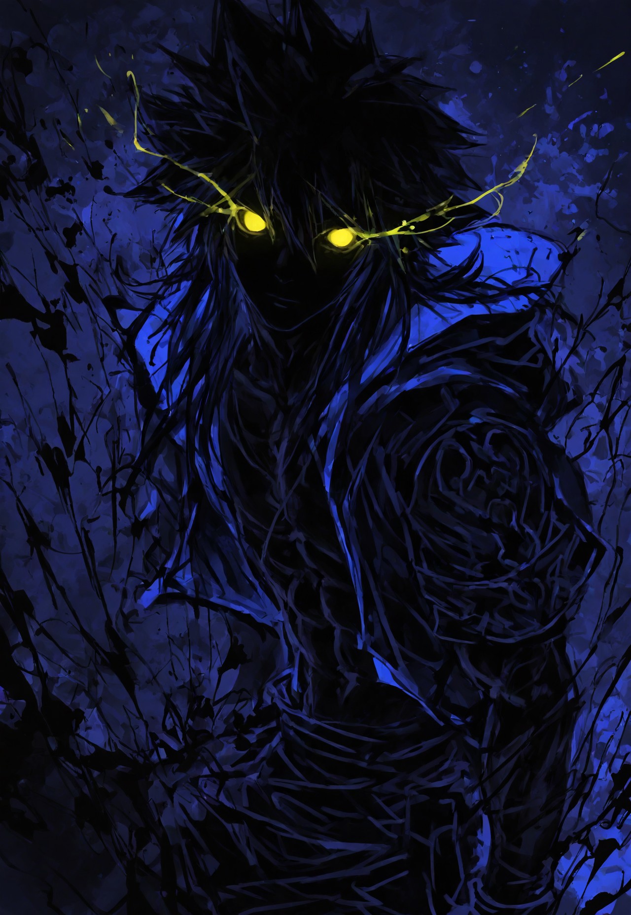 masterpiece, best quality, amazing quality, very aesthetic, absurdres, newest, detailed background, antiKH, 1boy, solo, long hair, muscular, jacket, hood, hood down, yellow eyes, glowing eyes, spot color, neon palette, blue, green, splatter