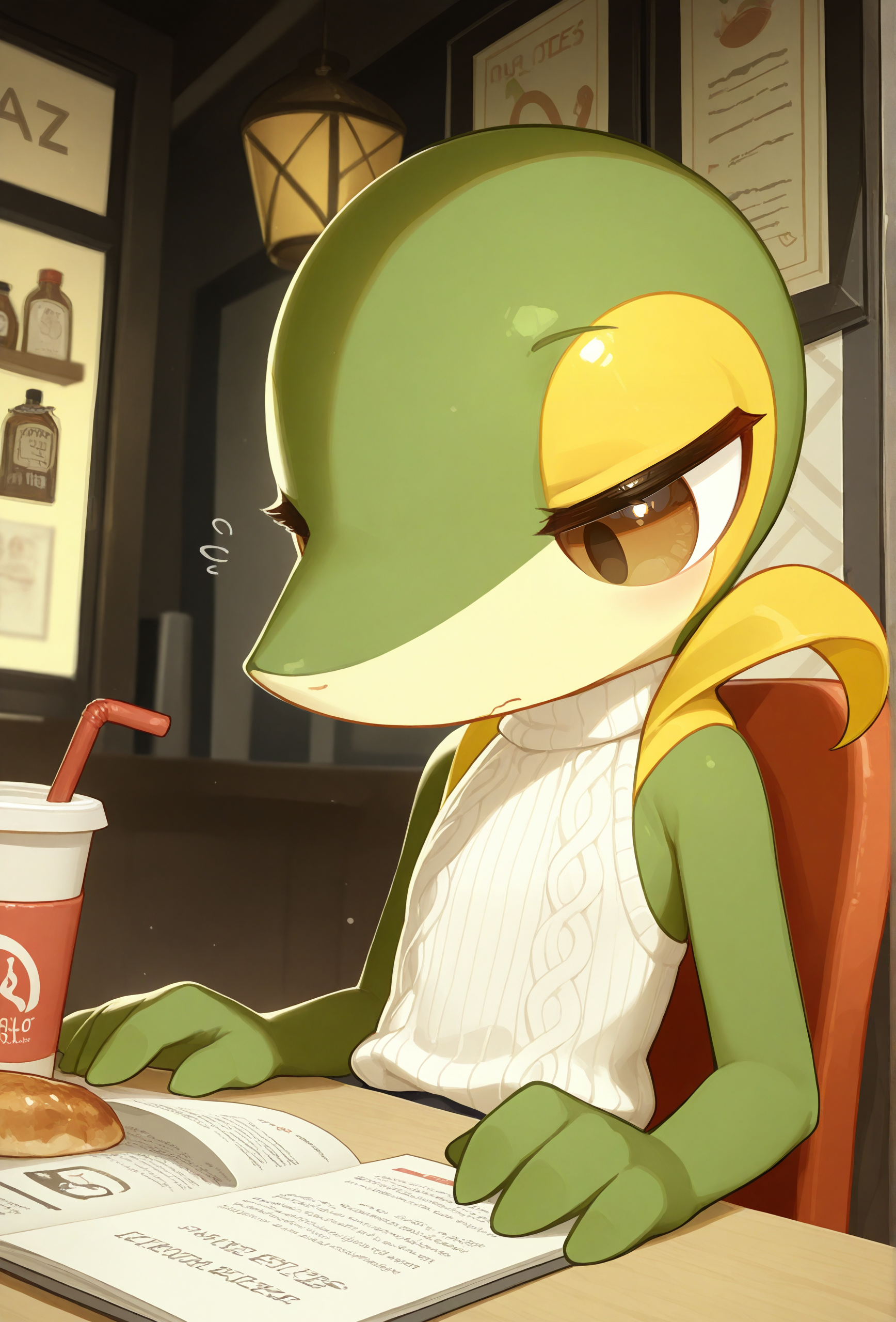 masterpiece,best quality,amazing quality, <lora:antifreez3_style_illustrious_v1f:0.8> afz3style, 1girl, furry, snivy BREAK
sleeveless sweater, restaurant
