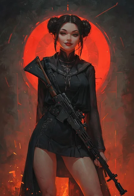 score_9, score_8_up, score_7_up, score_6_up, score_5_up, score_4_up, 1girl, white skin, brown small eyes, red lips, posing, legs apart, brown hair, 2 hairbuns on sides, long white toga, senator toga, slit robe, one thigh visible, holding up a rifle, rifle in both hands, background is dark futuristic hall with red dim lights, science fiction, beauty, perky smile, american shot,