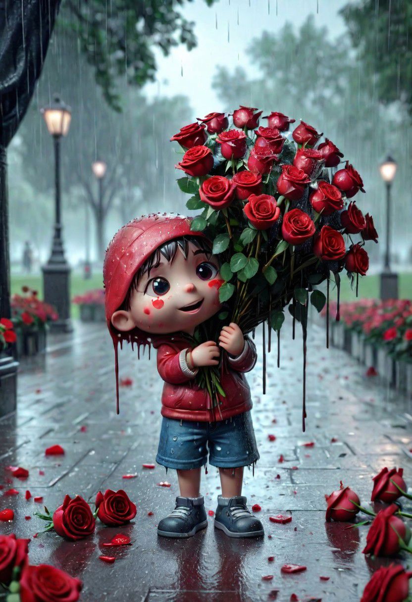 little heart character, stands broken with a huge bouquet of red roses, most details, raining weather, at park, 32k, UHD, HDR
