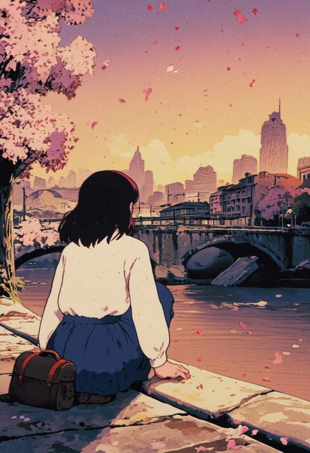 A beautifully composed retro anime still image, set in a quiet urban cityscape during the golden hour. The scene captures a young woman sitting on the edge of a weathered concrete sidewalk, her back turned to the camera. She wears a classic school uniform: a crisp white blouse with a neatly pressed blue pleated skirt that sways gently in the soft breeze. A small satchel rests beside her, hinting at the end of a school day.
She gazes out across a tranquil river that flows through the heart of the city, its surface reflecting the warm hues of the setting sun. In the background, the city skyline rises against the amber sky, with distant silhouettes of buildings and bridges softened by the golden light. A few cherry blossom trees line the riverbank, their petals scattering in the breeze, some floating on the water’s surface.
The muted tones and subtle grain evoke a nostalgic, retro anime aesthetic. The atmosphere is quiet and contemplative, with the faint hum of the city blending into the serene sound of the flowing river. The composition masterfully balances the delicate details of her uniform and posture with the expansive beauty of the urban landscape, creating an intimate yet cinematic moment.