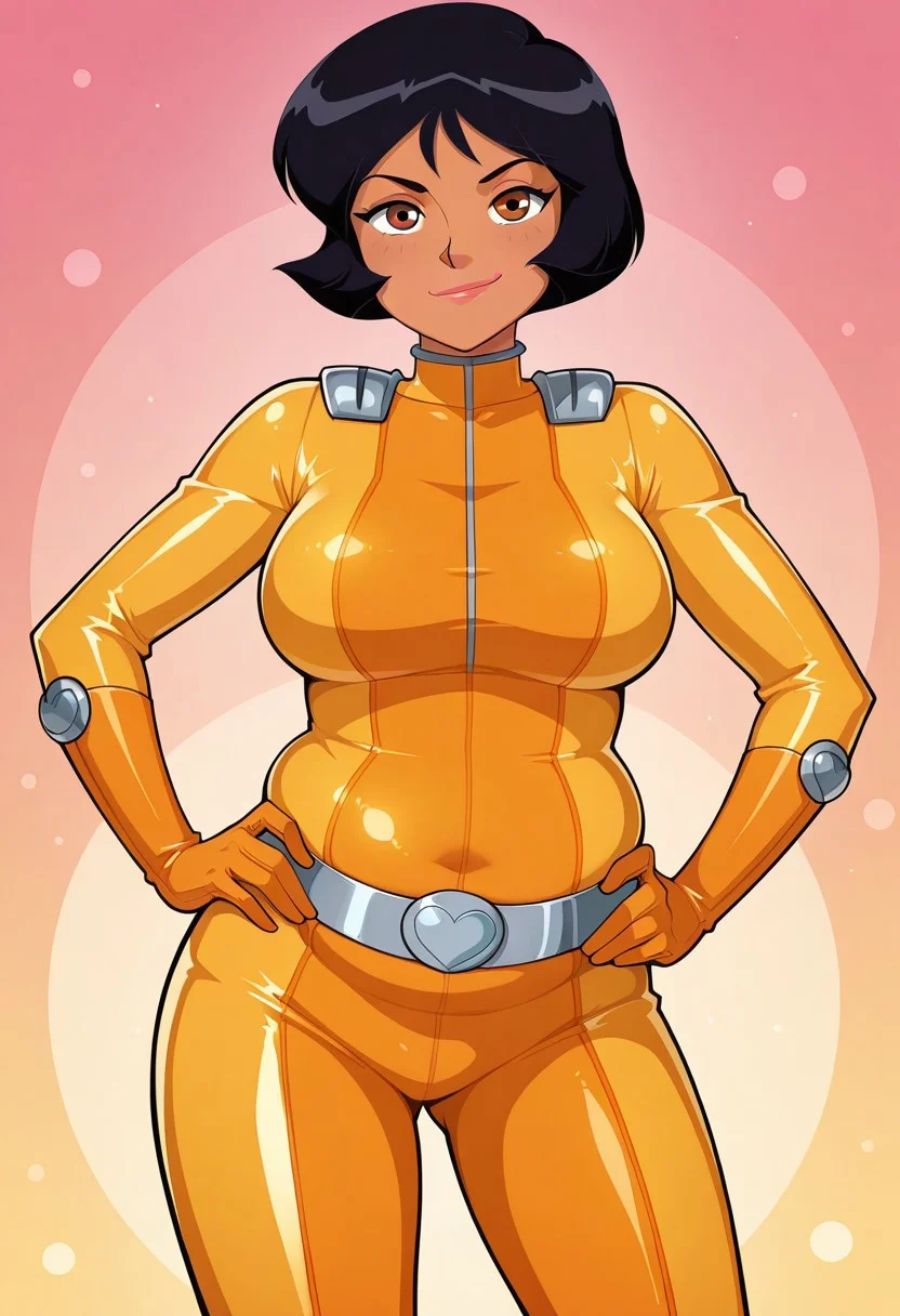 masterpiece, best quality, good quality, 1girl, solo, cartoon, parody, official style, alex_totally_spies, short hair, black hair, brown eyes, dark-skinned female, yellow bodysuit, sexy, large breasts, belly, big belly, fat belly, beautiful, detailed, high detailed, very beautiful, detailed face, detailed eyes, detailed hands, abstract background, smile, smirk, posing, pose, hands on hips, looking at viewer, face focus, closeup