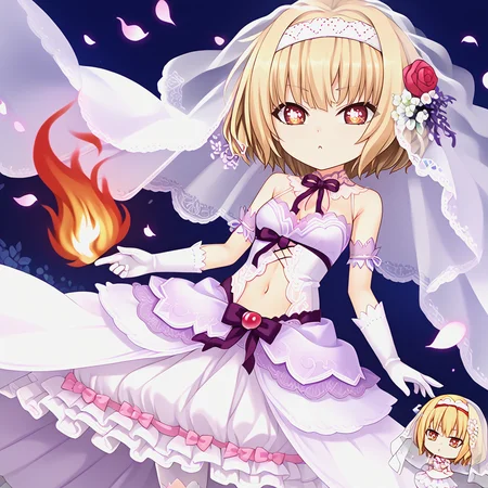 <lora:KSNvani_Pv1:0.8>, chibi, <lora:NTLSIA_Pv1-000040:1>, ntlsia, 1girl, hairband, solo, fire, symbol-shaped pupils, magic, skrm costume, wedding dress, veil, white headband, gloves, navel, thighhighs, white legwear, waist ribbon