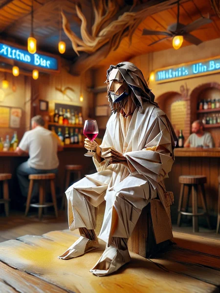 Full body illustration of ultra realistic very detailed Jesus Christ sitting in a dive bar drinking wine, he is wearing a white robes, sand dunes, vibrant colors, high resolution,
<lora:TQ_-_Fairy_Tale_Origami_Paintings:1>, <lora:MJ52:0.2>, <lora:ral-orgmi:1>, ral-orgmi,